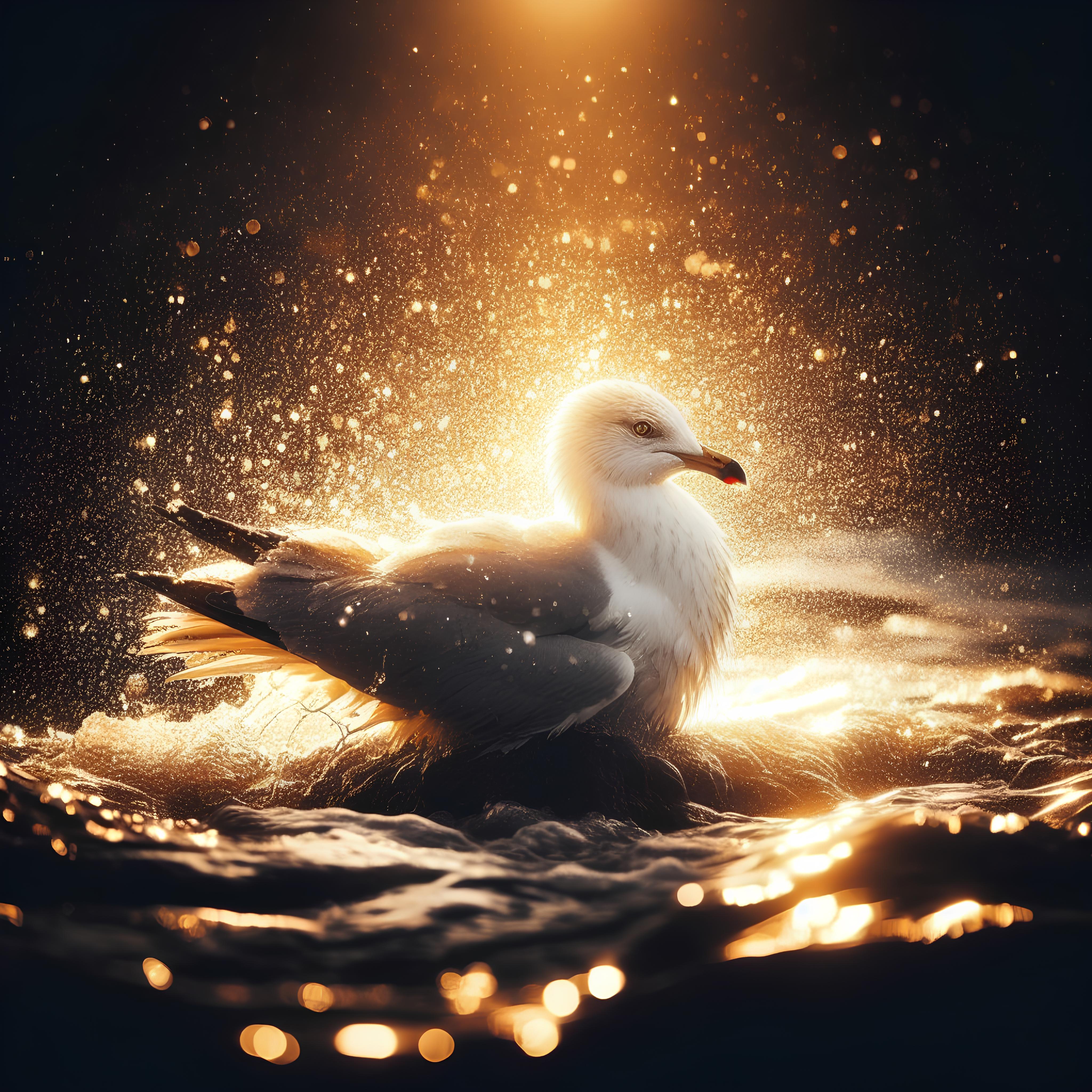 Seagull Having a Bath in Golden Sunlight with Black Background (4)